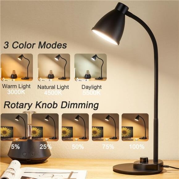 LED Desk Lamp with USB Charging Port 3 Color Modes Dimmable Reading Light - Picture 2 of 7